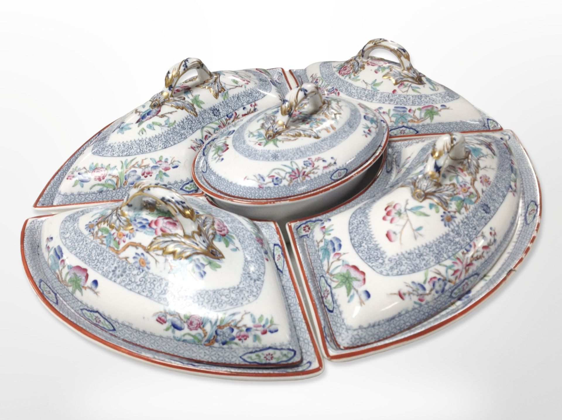 A New Stone hand-painted and gilt porcelain hors d'oeuvres set comprised of five dishes and covers,