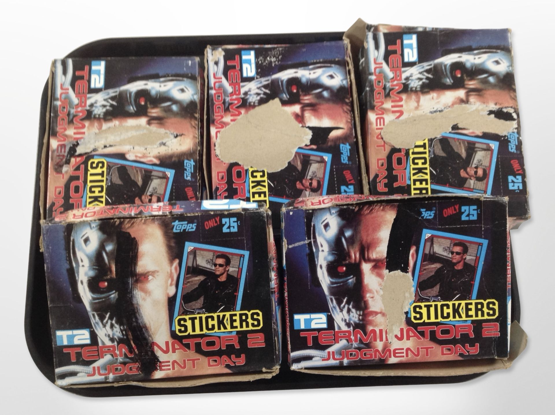 Five packs of Topps Terminator 2: Judgement Day stickers (packaging as found).