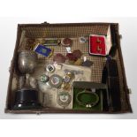 A group of collectibles including two antique cutthroat razors, one boxed, a group of medals,