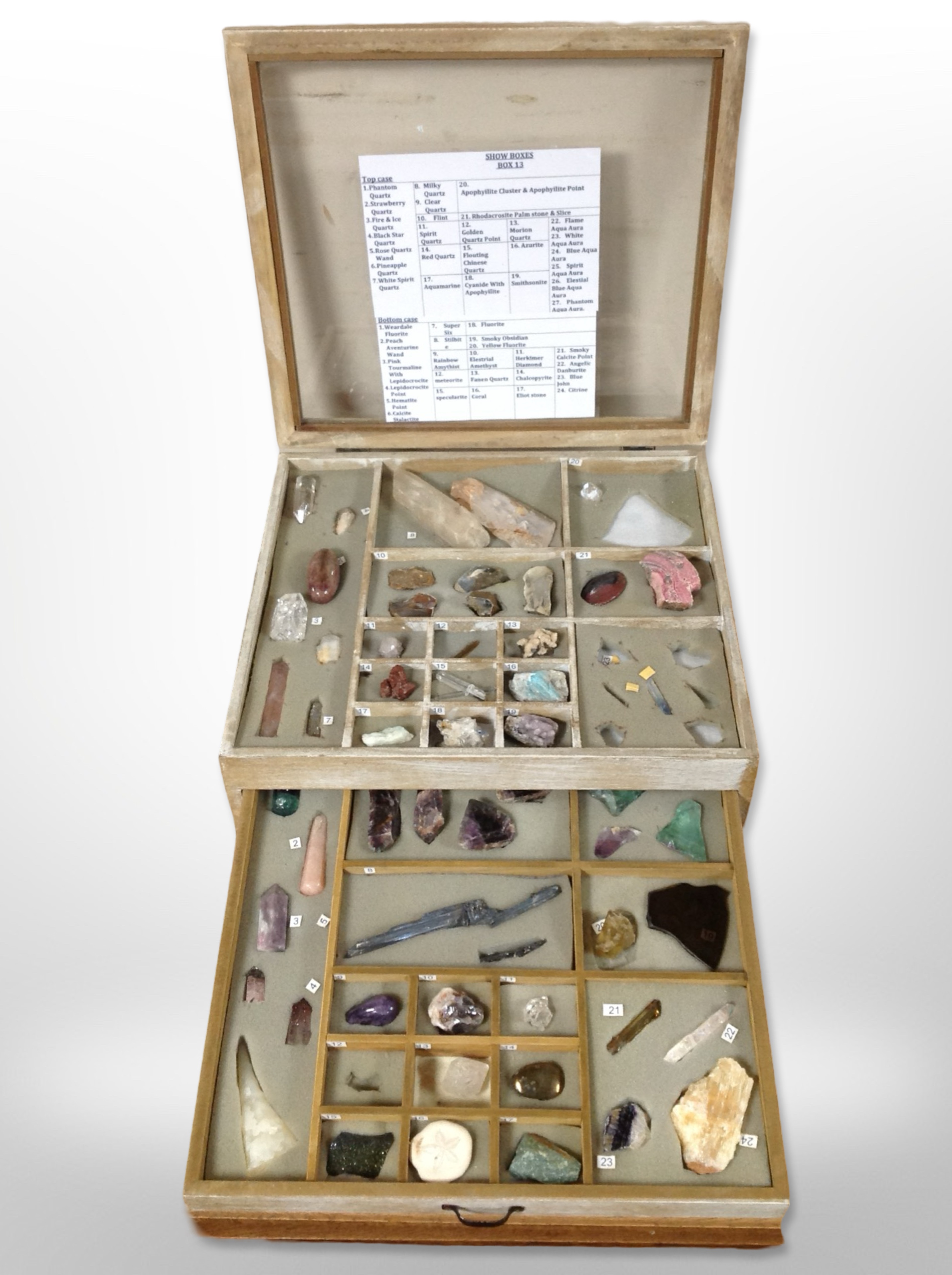 A two-division glazed collector's chest containing geology and crystal specimens, case 40cm wide.