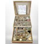 A two-division glazed collector's chest containing geology and crystal specimens, case 40cm wide.