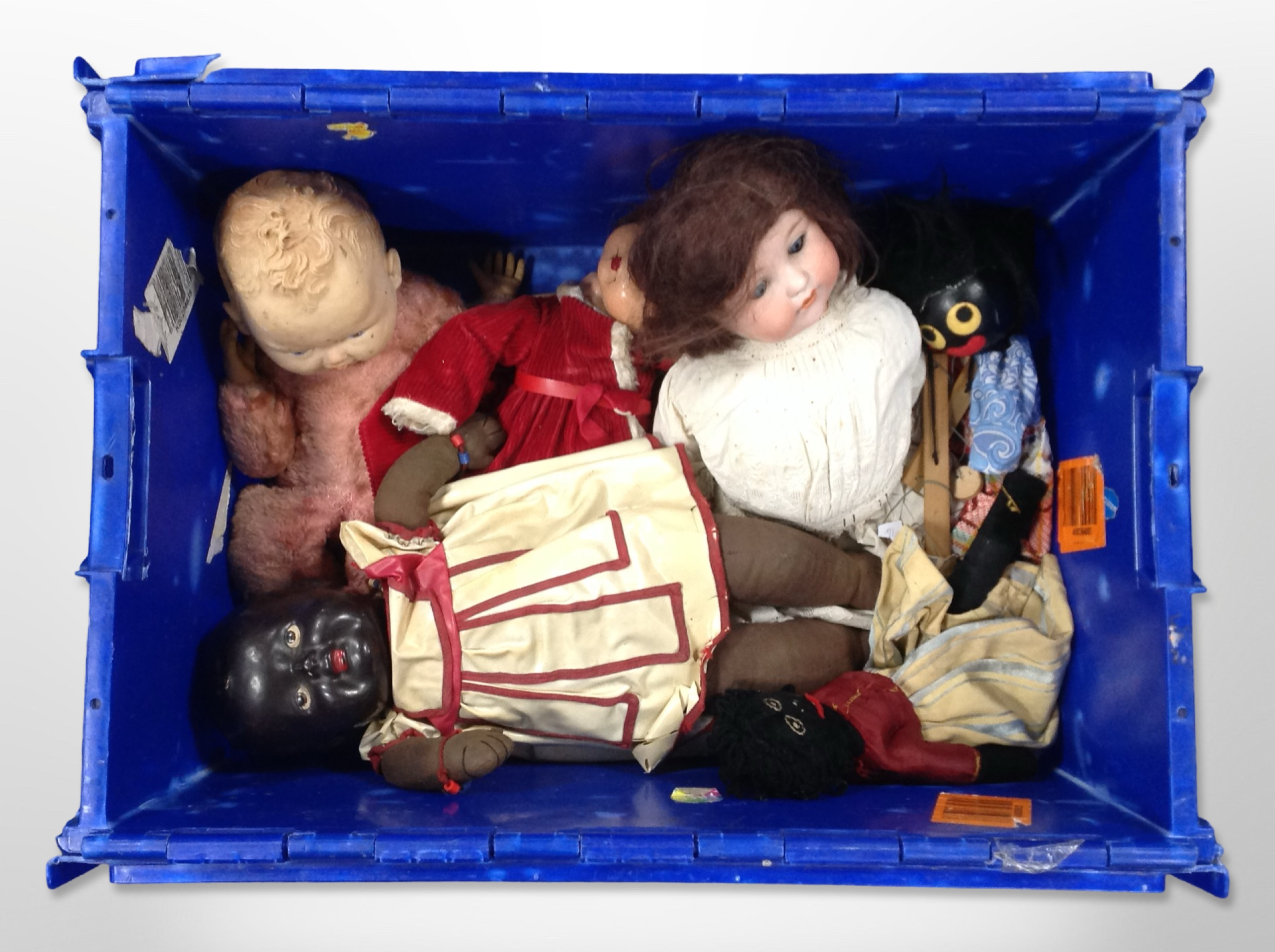 A group of antique/vintage dolls including Armand Marseille porcelain-headed doll, stamped 'A.