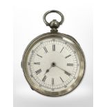 A silver key wind chronograph pocket watch, case diameter 56 mm, cased stamped .935.
