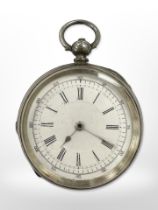 A silver key wind chronograph pocket watch, case diameter 56 mm, cased stamped .935.