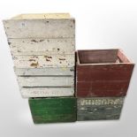 Five painted vintage pine bottle crates,