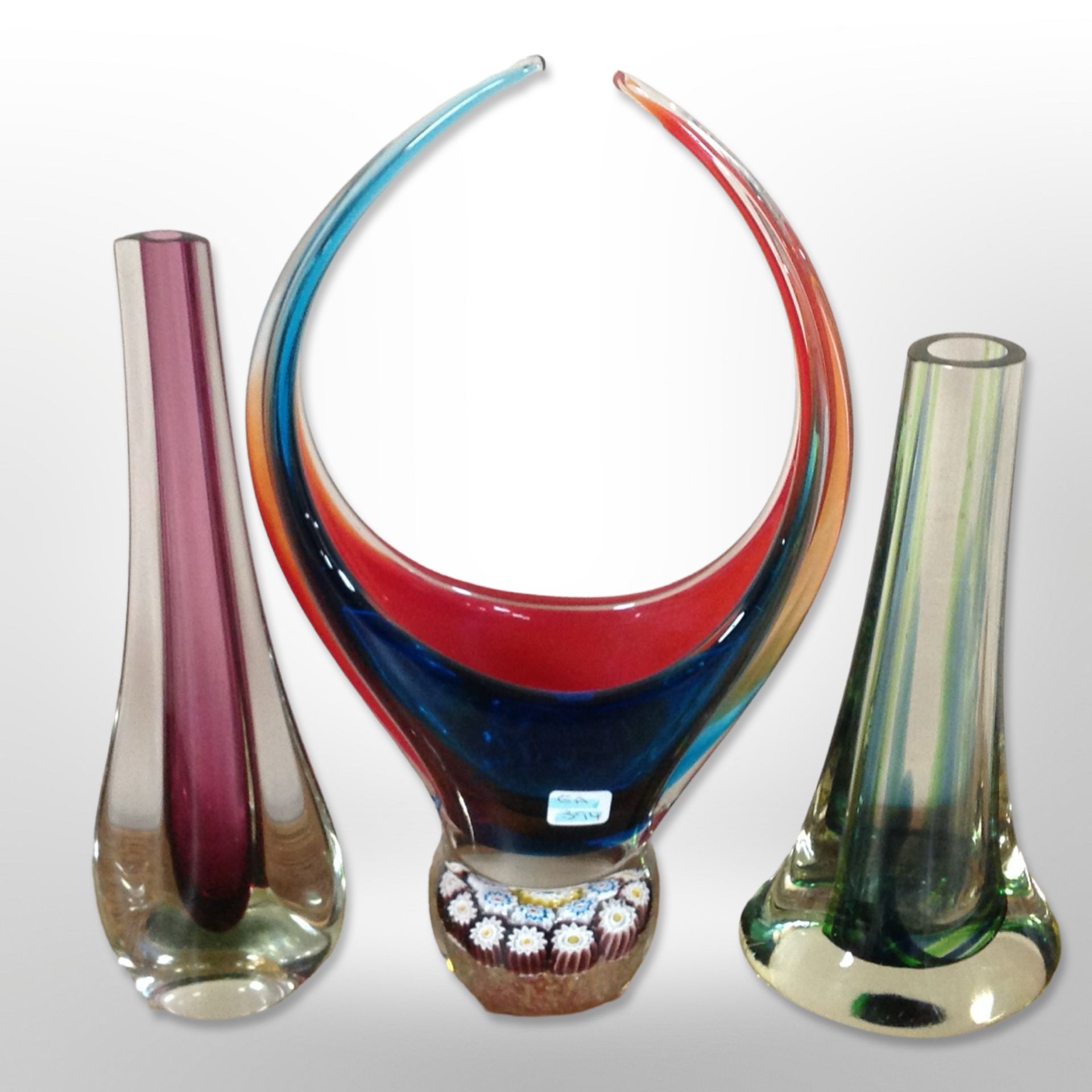 A Murano glass vase with Millefiori base, height 28cm (af),