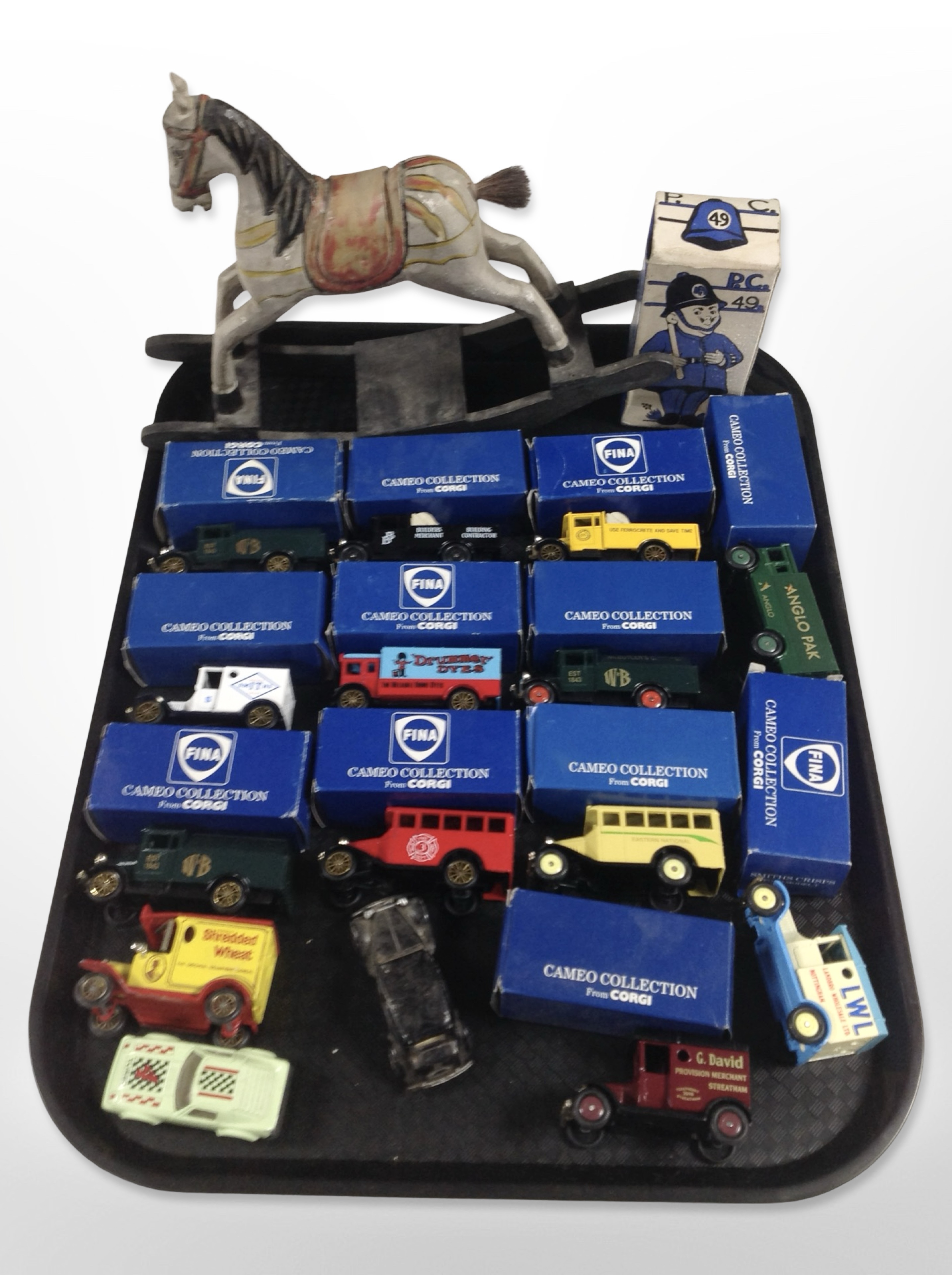 A group of Cameo Collection from Corgi die-cast vans, miniature painted wooden rocking horse, etc.