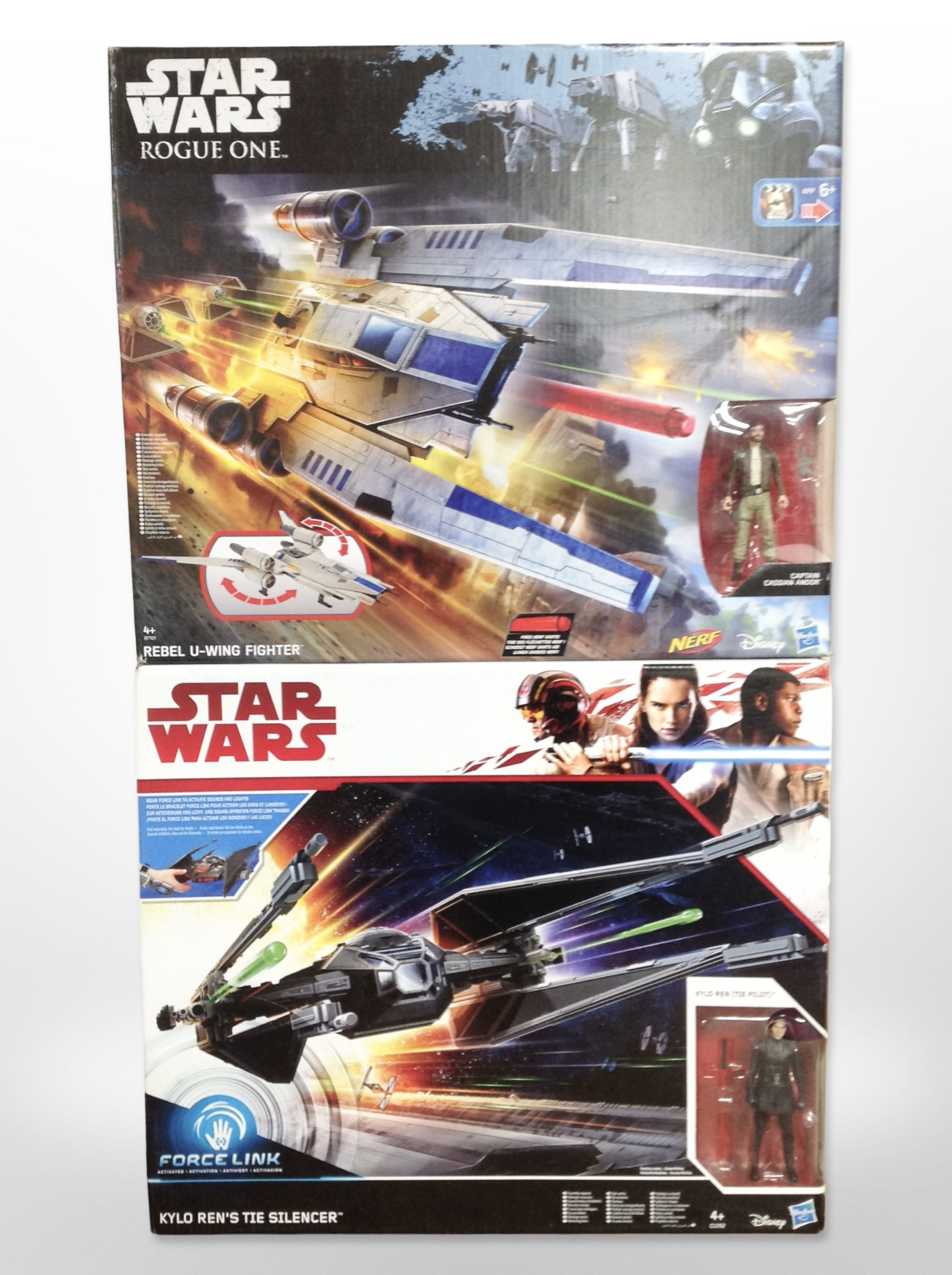 Two Hasbro Disney Star Wars models, Rebel U-Wing Fighter and Kylo Ren's Tie Silencer, boxed.