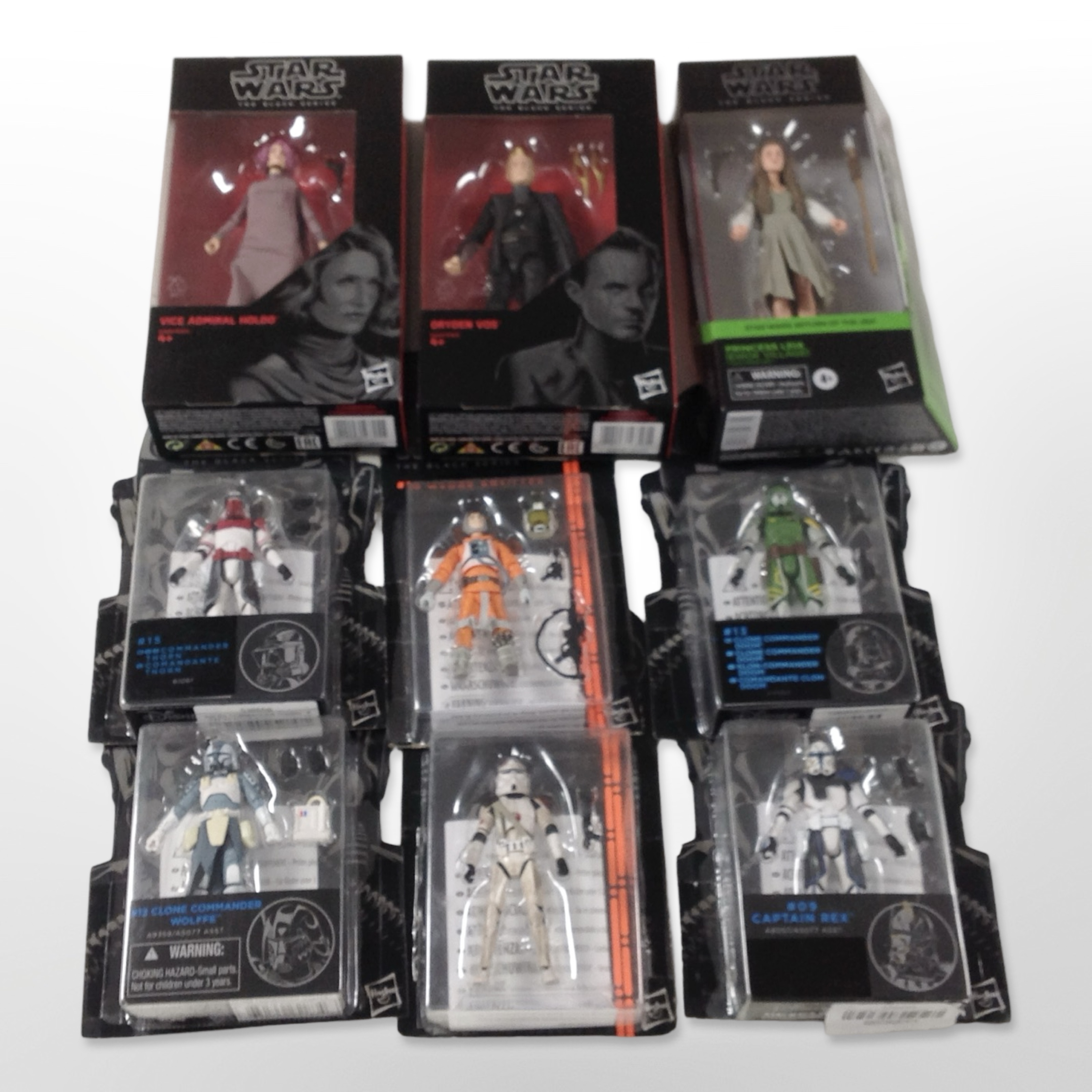 Nine Hasbro Star Wars The Black Series figurines, boxed.