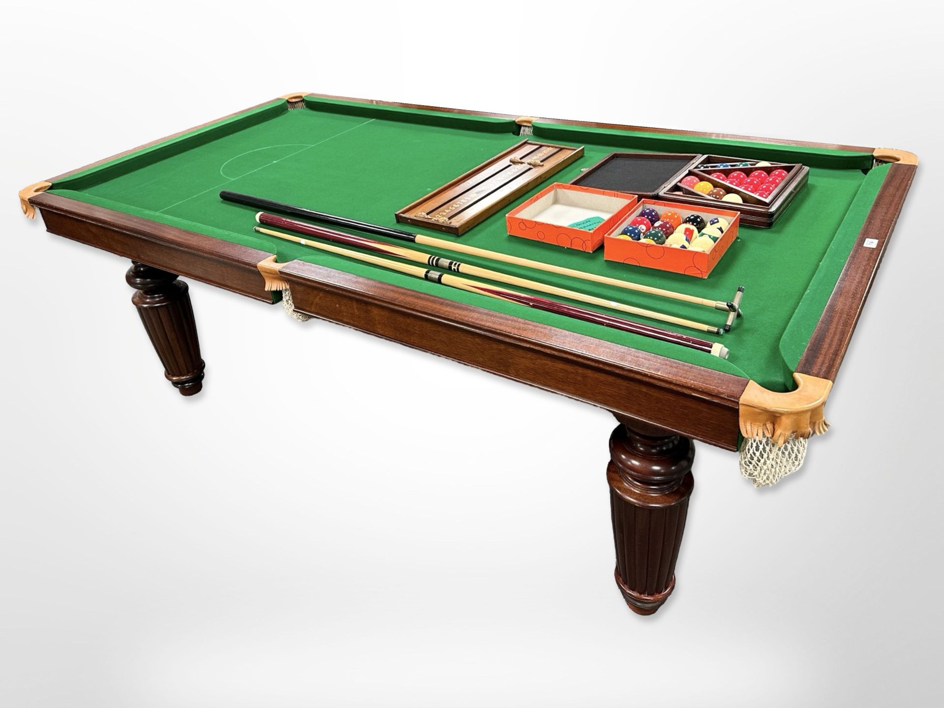 A well-constructed mahogany snooker dining table, 124cm wide x 230cm long x 80cm high,