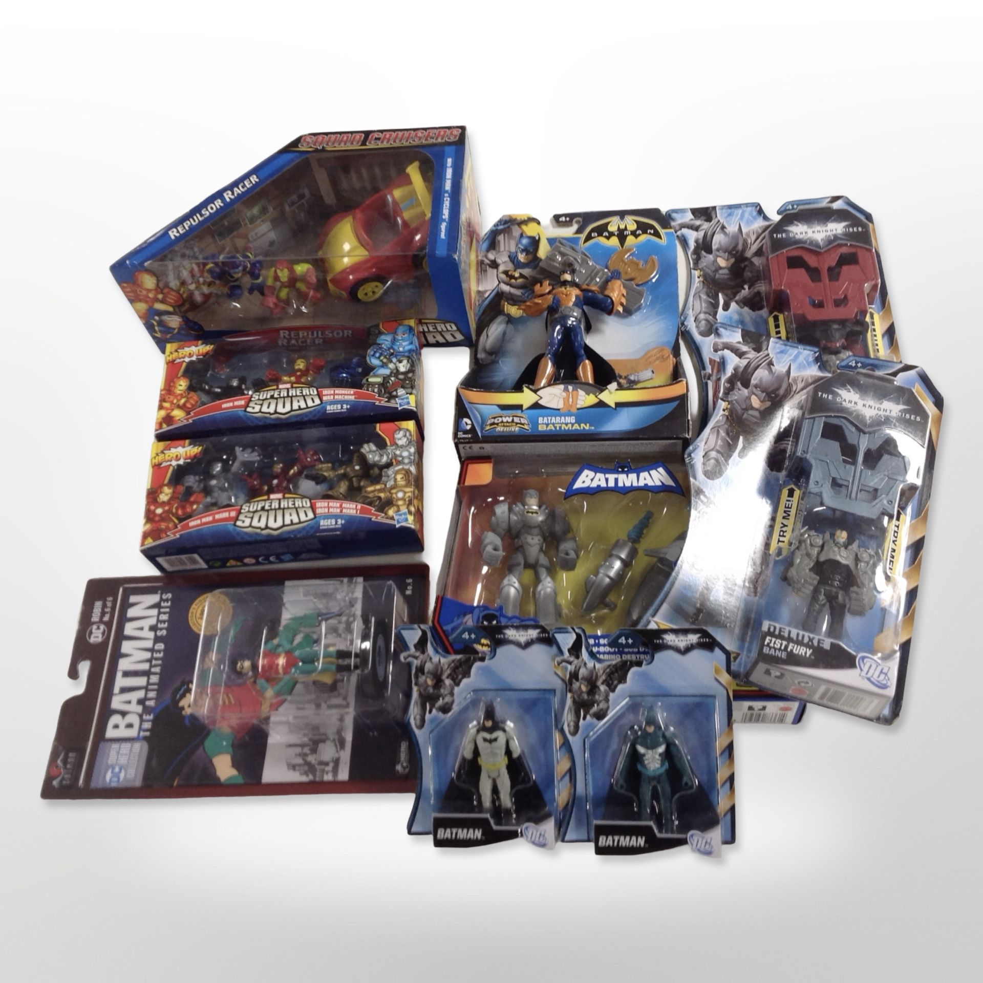 10 Hasbro, DC and other figurines to include Batman and Iron Man, boxed.