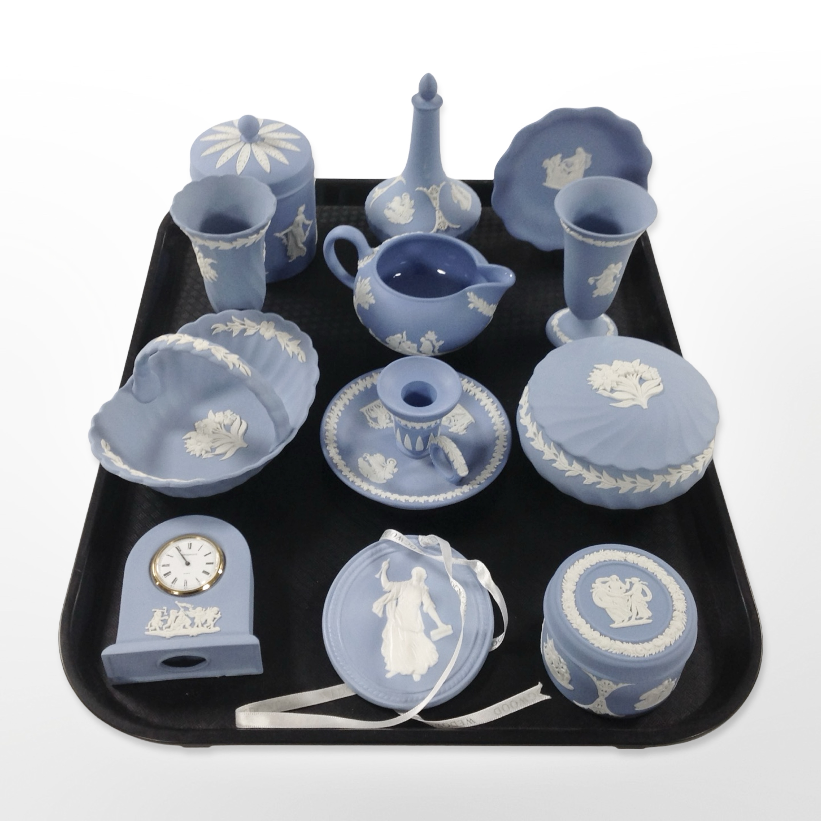 A group of Wedgwood blue and white Jasperware cabinet china.