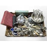 A collection of silver plated wares, teapot, sifters, cutlery,