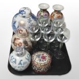A group of oriental porcelain ginger jars, pair of vases, set of eight drinking glasses, etc.