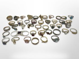 Approximately forty three dress rings, examples in 925 Sterling silver, silver gilt, gold plate etc.