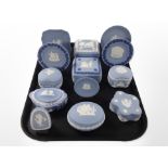 A group of Wedgwood blue and white Jasperware cabinet china.