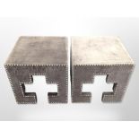 A pair of contemporary studded velvet cube lamp tables,