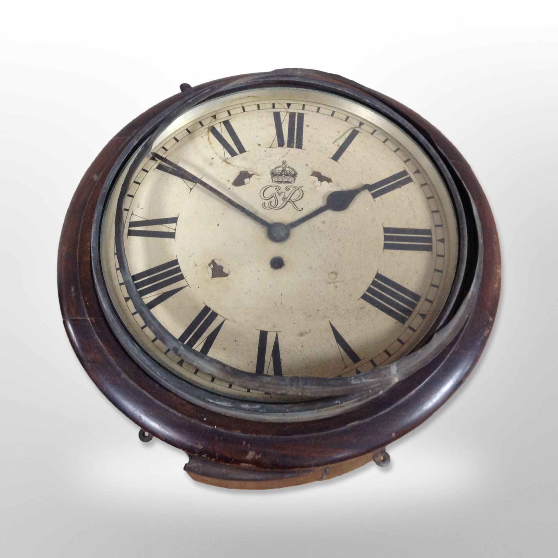 A George VI mahogany circular wall time piece with chain-driven single fusee movement,