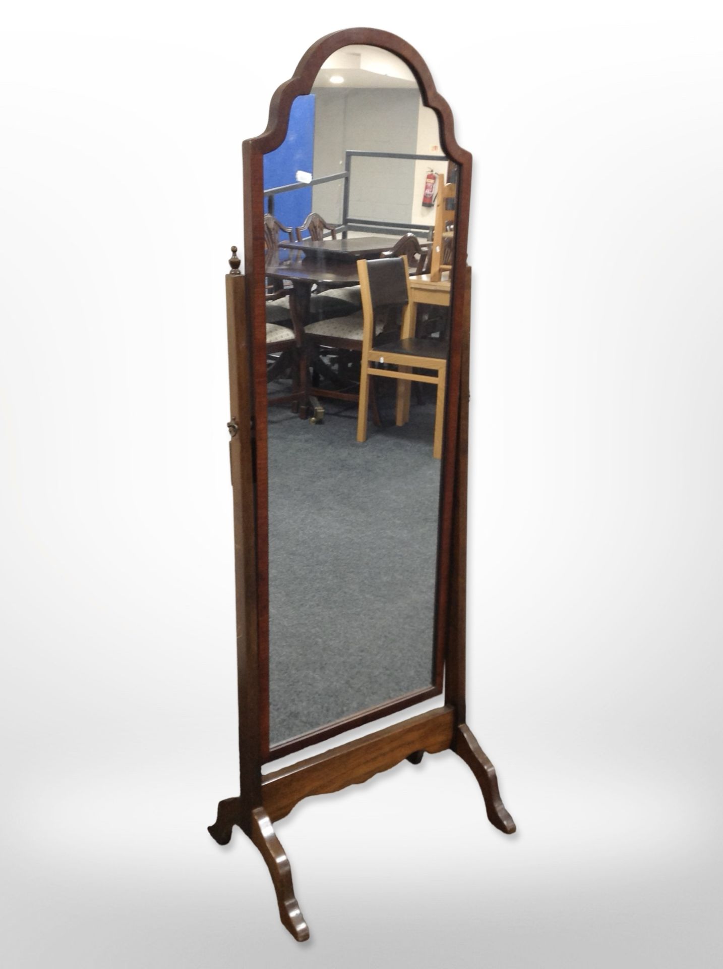 A reproduction mahogany framed cheval mirror,