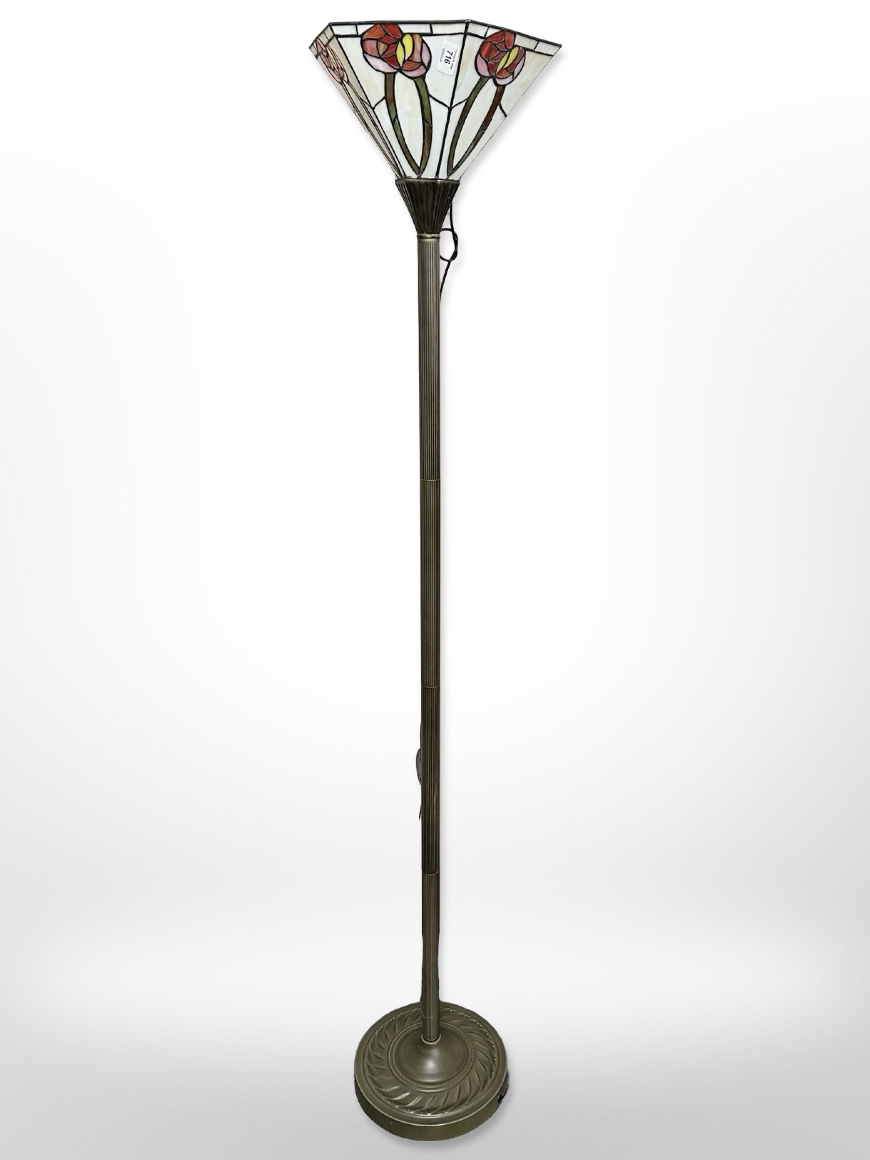 An uplighter with a Tiffany-style shade, height 172cm.