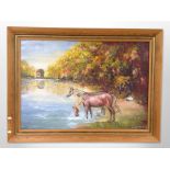 Contemporary school : Horses drinking from a lake, oil on canvas,