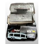 A group of Atlas editions, scale model battleships in boxs, Dinky Pullmore car transporter,