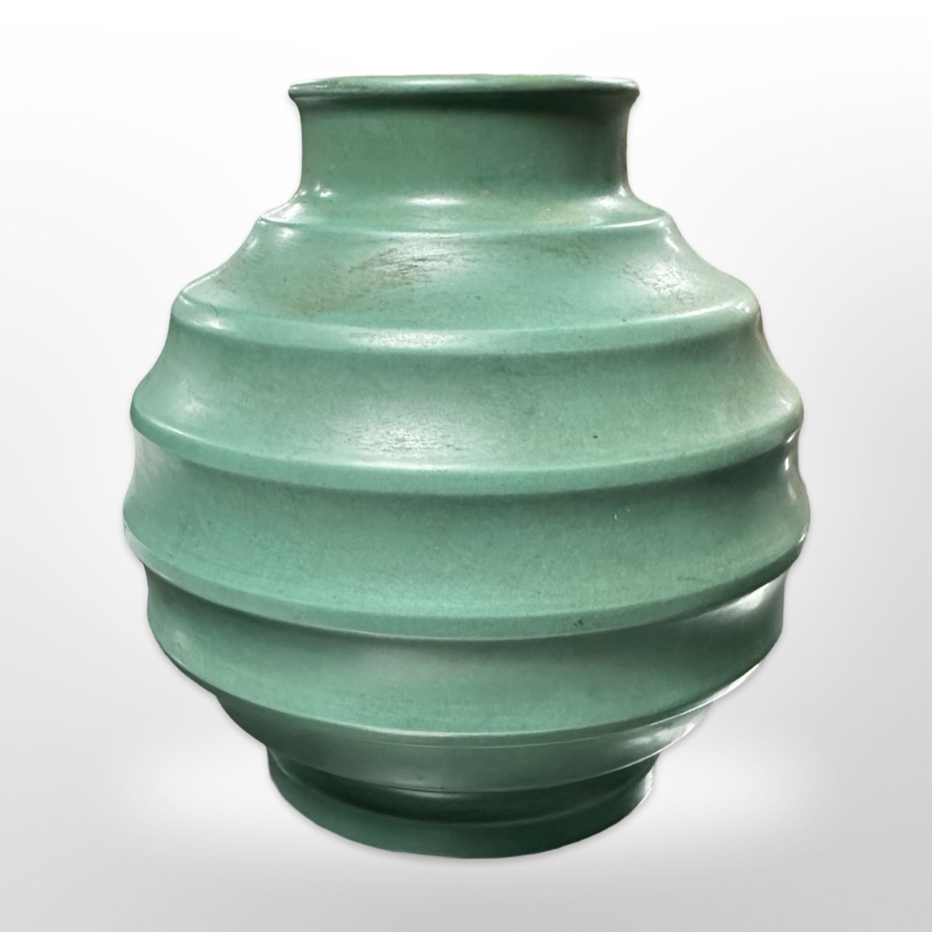 A Keith Murray for Wedgwood green-glazed ribbed bulbous vase, height 15.5cm.