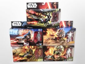 Five Hasbro Disney Star Wars figures including Assault Walker, Elite Speeder Bike, etc., boxed.