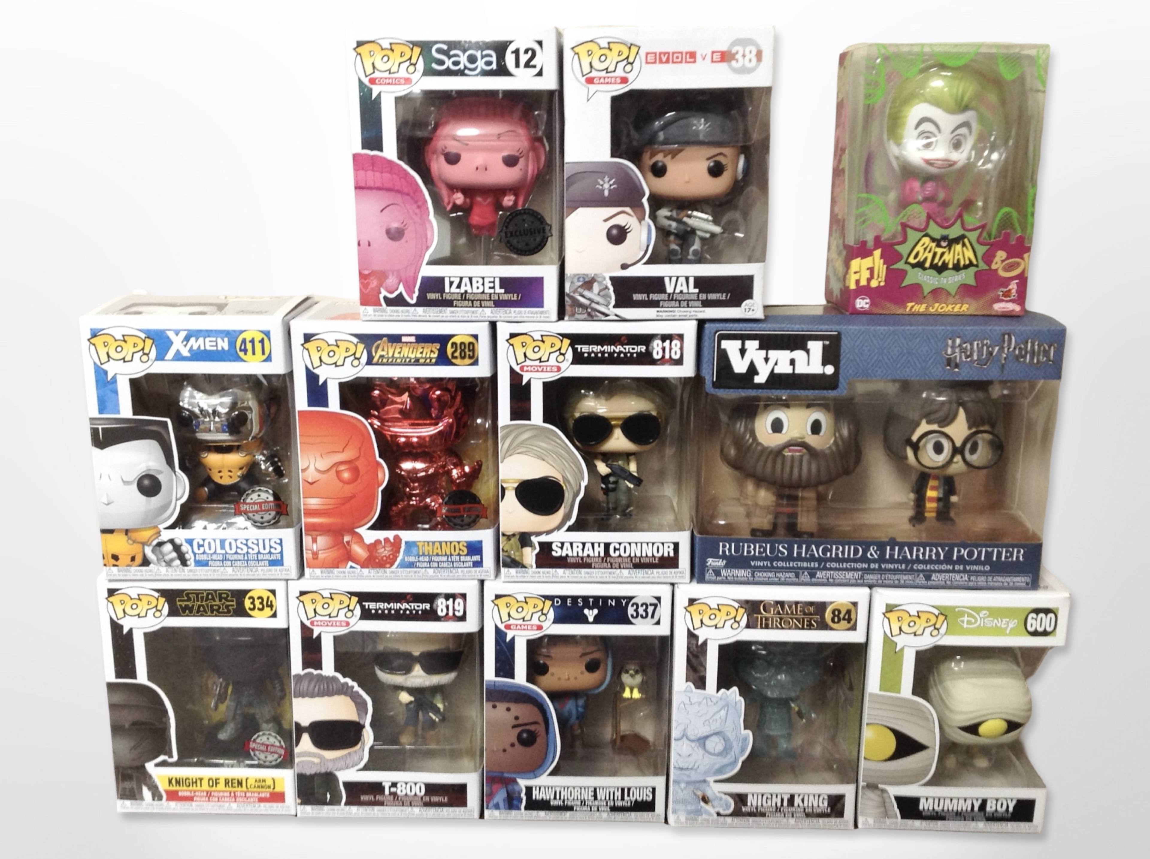 12 Funko Pop! and other figurines, including Marvel, Harry Potter, Game of Thrones, etc., boxed.