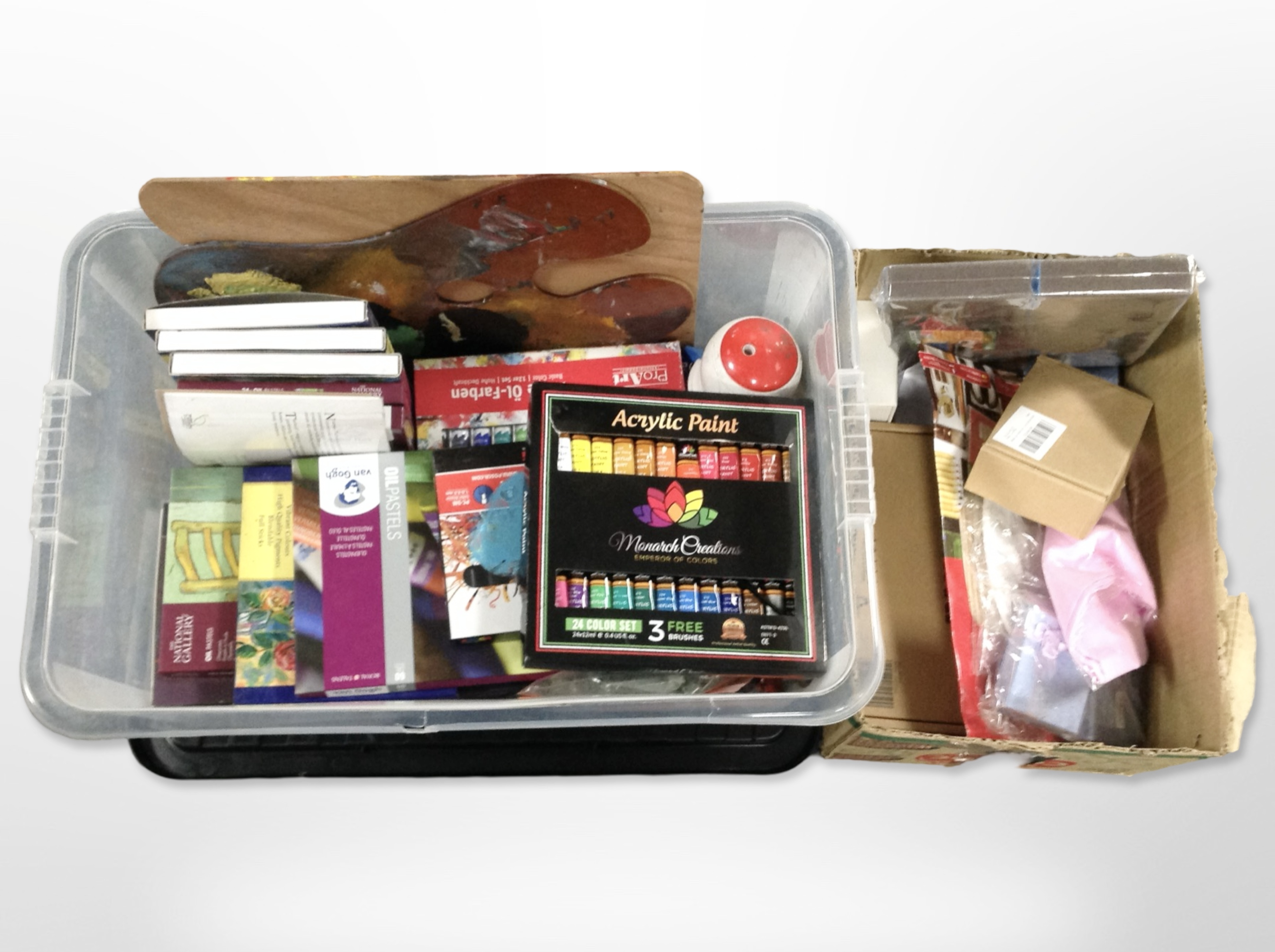 A quantity of artist's supplies including oil and acrylic paints, pastels, artist's palette, etc.