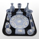 A group of Wedgwood blue and white Jasperware cabinet china.