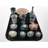 A collection of Wedgwood Jasperware cabinet china in various colours.