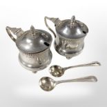 A pair of silver mustard pots with blue-glass liners, Birmingham marks,