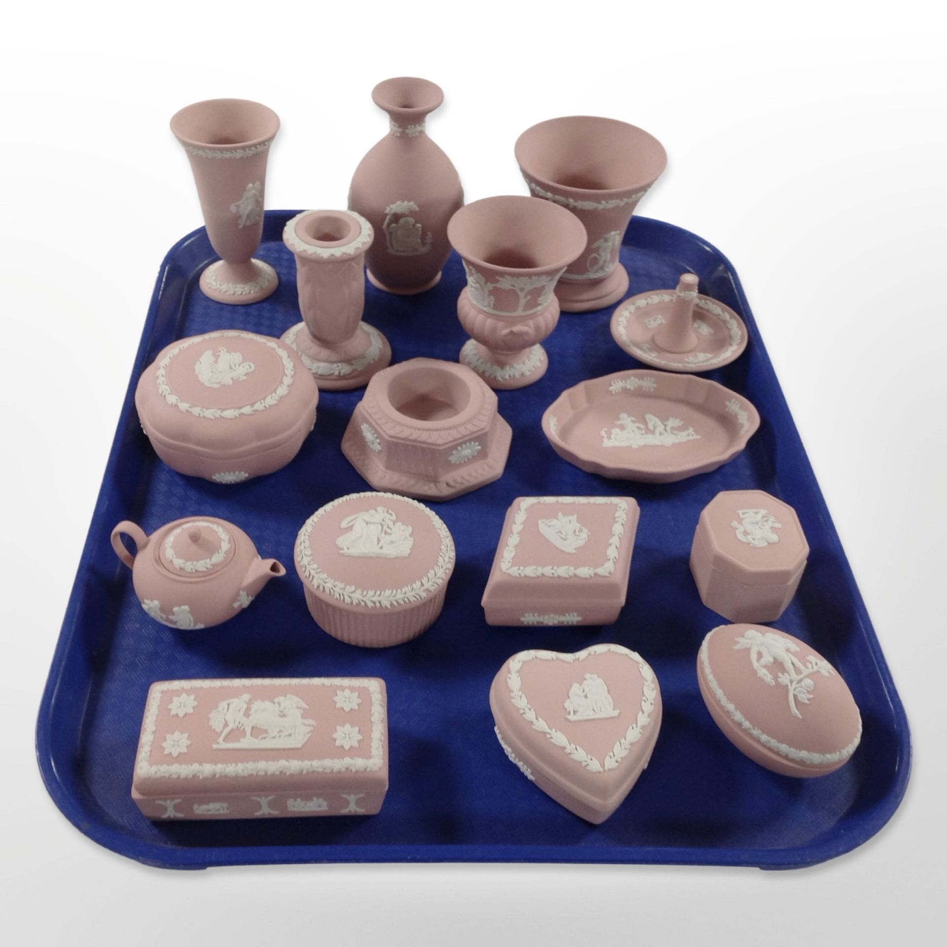 A collection of Wedgwood pink Jasperware cabinet china.