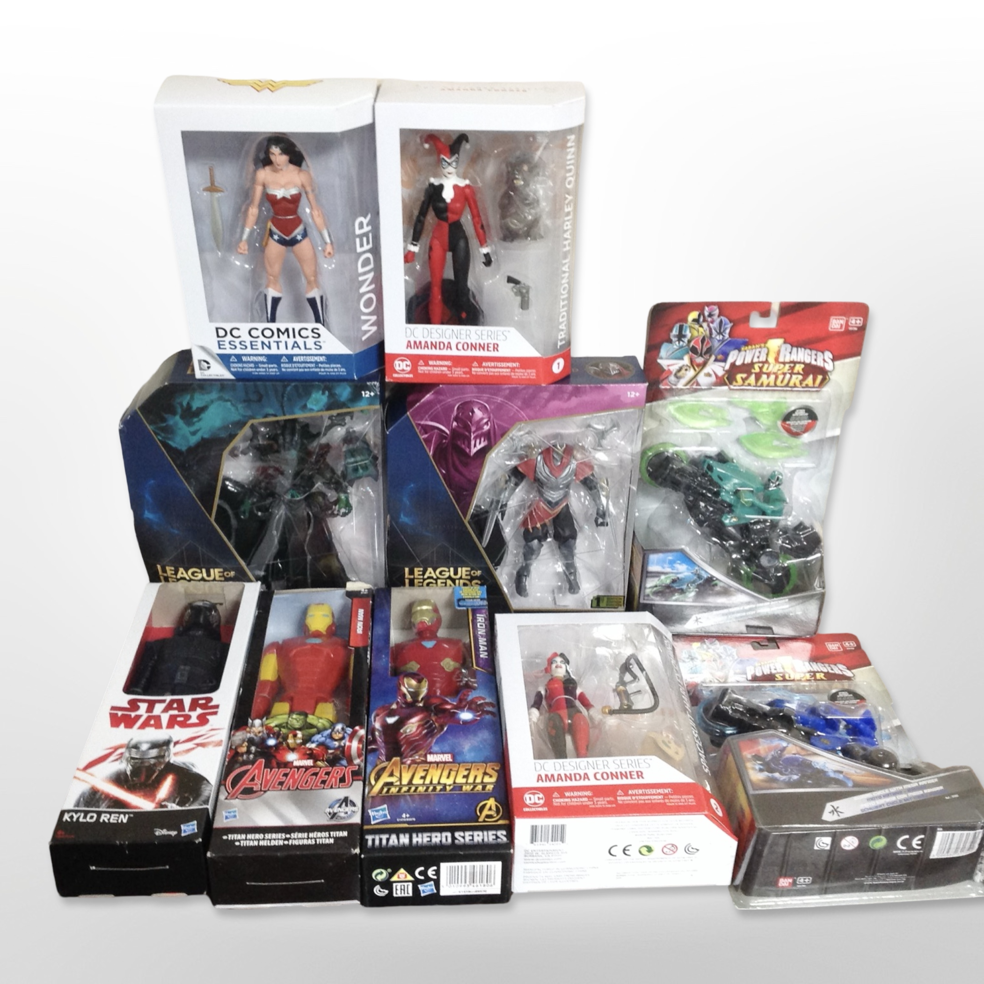 10 Hasbro, DC, Bandai, and Spin Master figurines including Avengers, Power Rangers,
