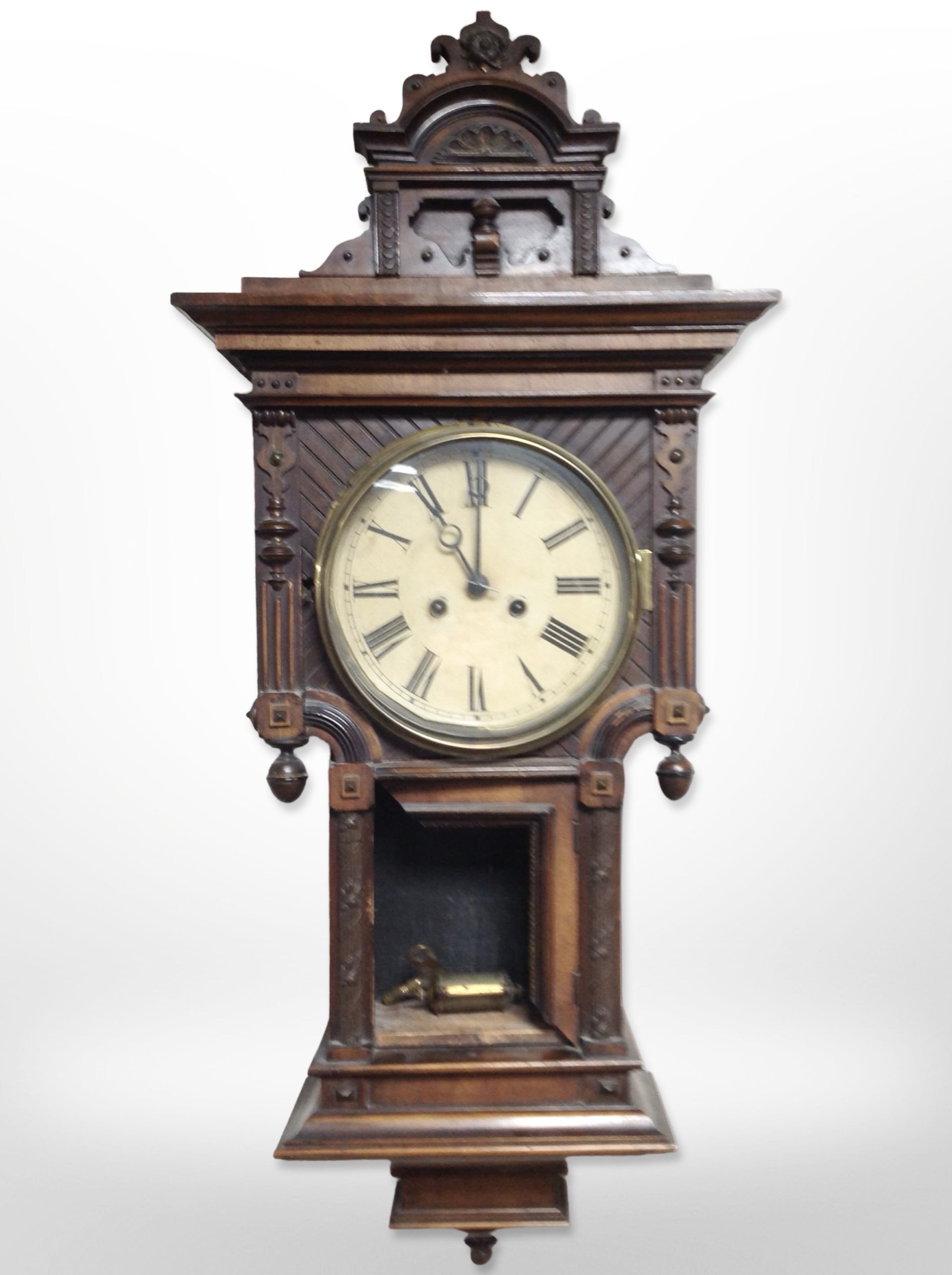 A mahogany 8-day wall clock (as found), height 87cm.