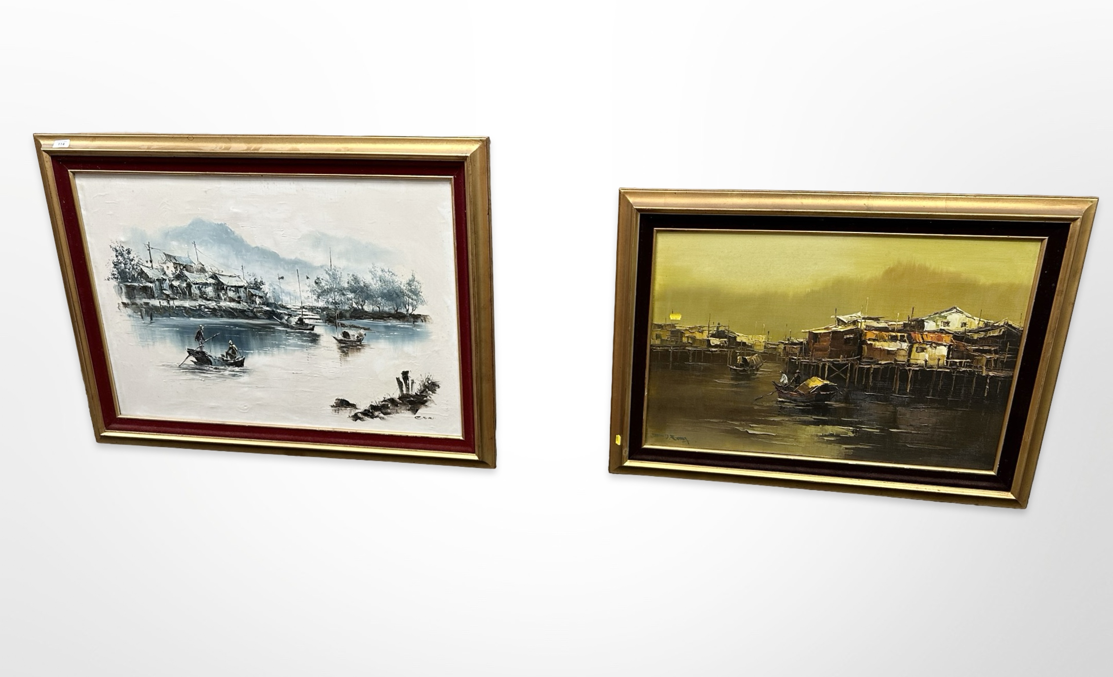 Two continental oil paintings on canvas depicting boats on still water,