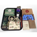 A group of miscellaneous items including sealing wax, Parker pen ink, buttons, an ARP badge,