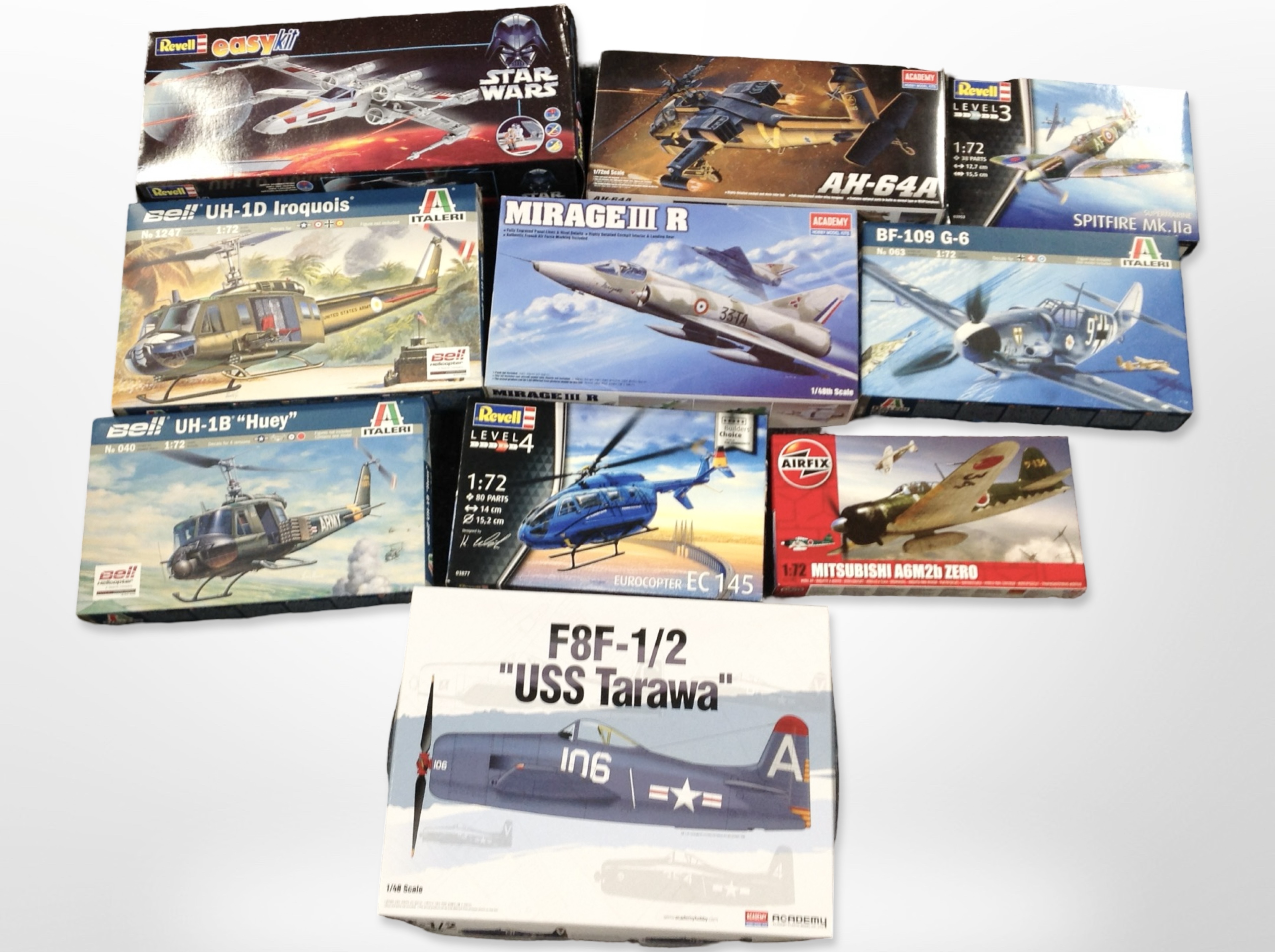 Ten Revell, Air Fix and other aircraft scale modelling kits, Star Wars X Wing fighter model,