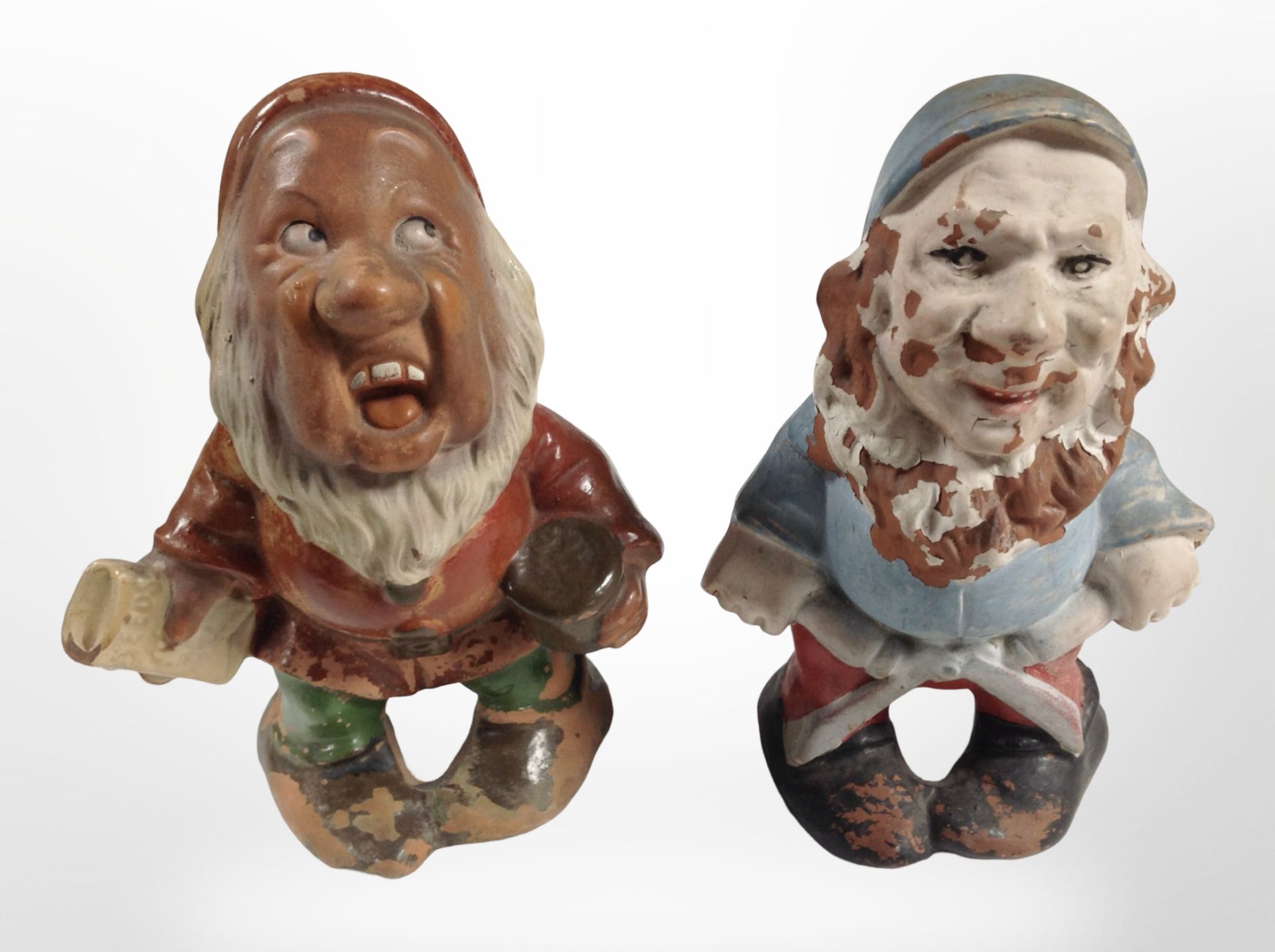 Two vintage painted terracotta figures of dwarves from Snow White, height 15cm.