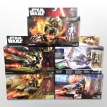 Five Hasbro Disney Star Wars figures including Assault Walker, Elite Speeder Bike, etc., boxed.