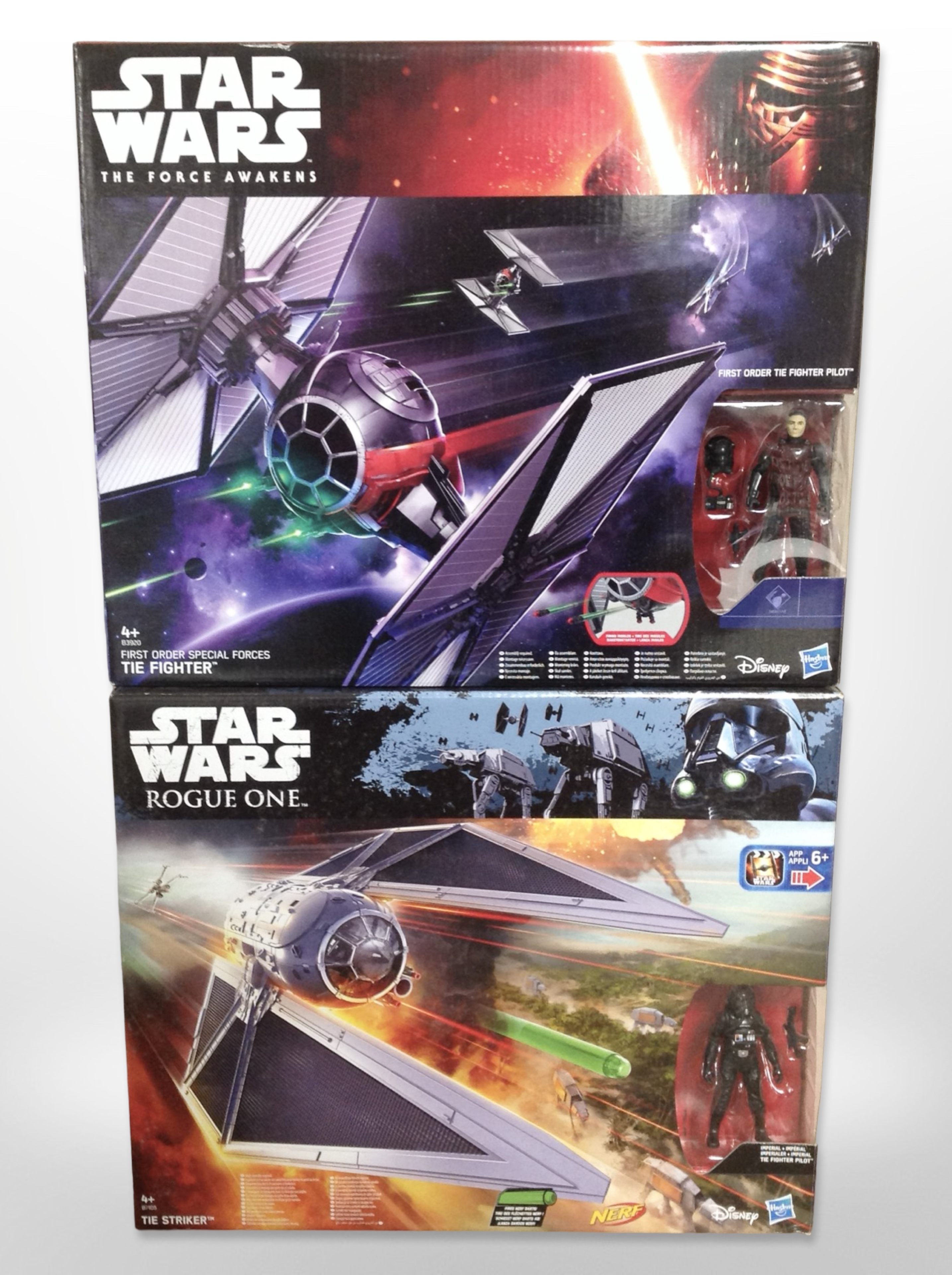 Two Hasbro Disney Star Wars models, Tie Striker and Tie Fighter, boxed.