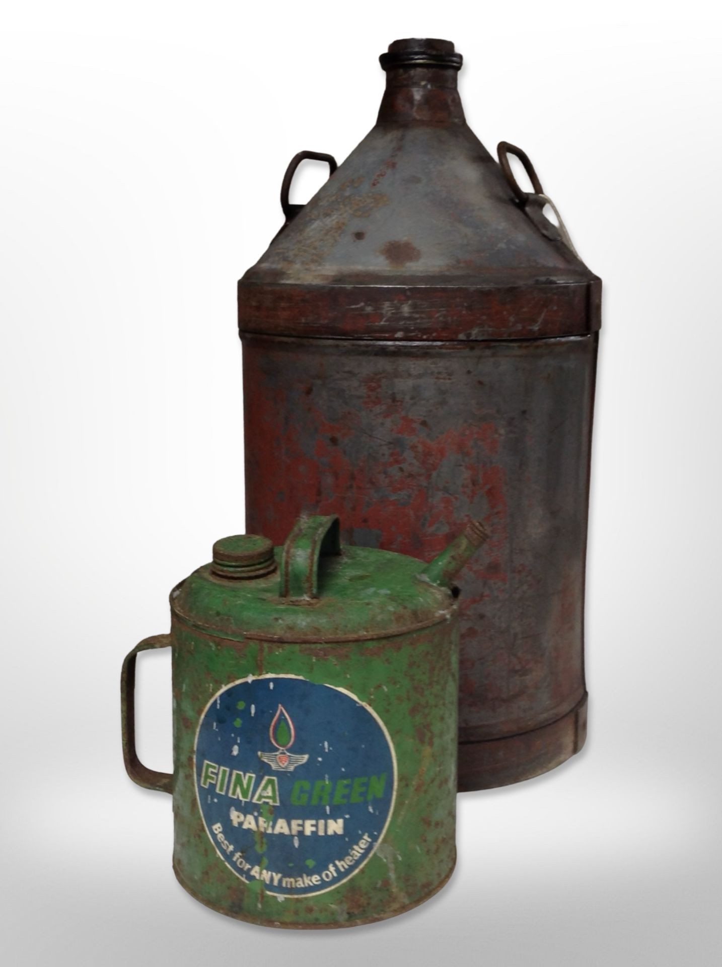 A milk churn, height 53cm, together with a vintage Fina green paraffin tin.