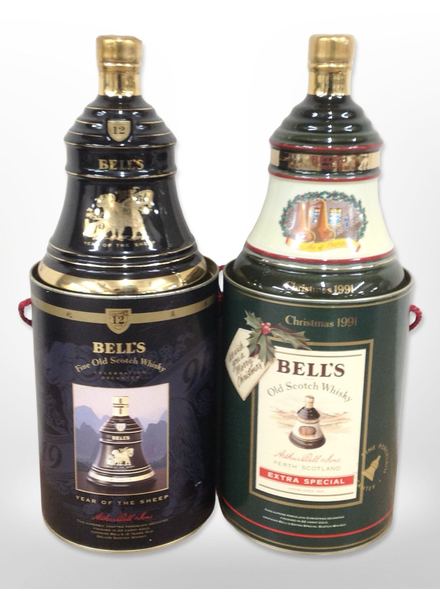 Two Bell's Old Scotch Whisky 1991 decanters, Christmas and Year of the Sheep,