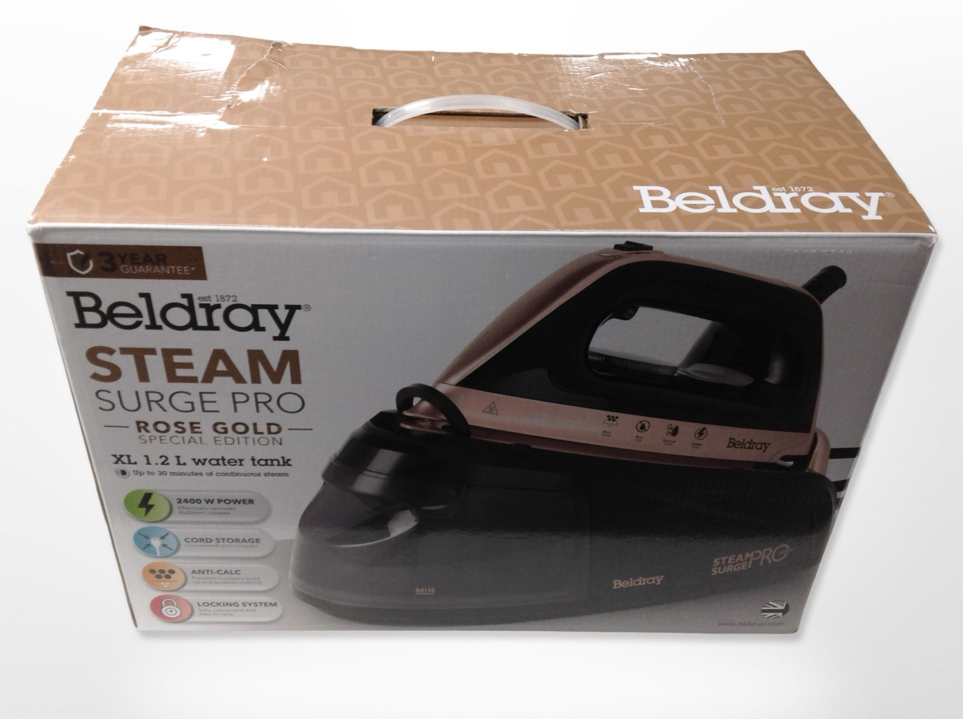 A Beldray steam iron in box.