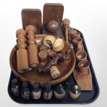 A group of treen including sifters, corkscrews, fruit bowl, pair of book ends,