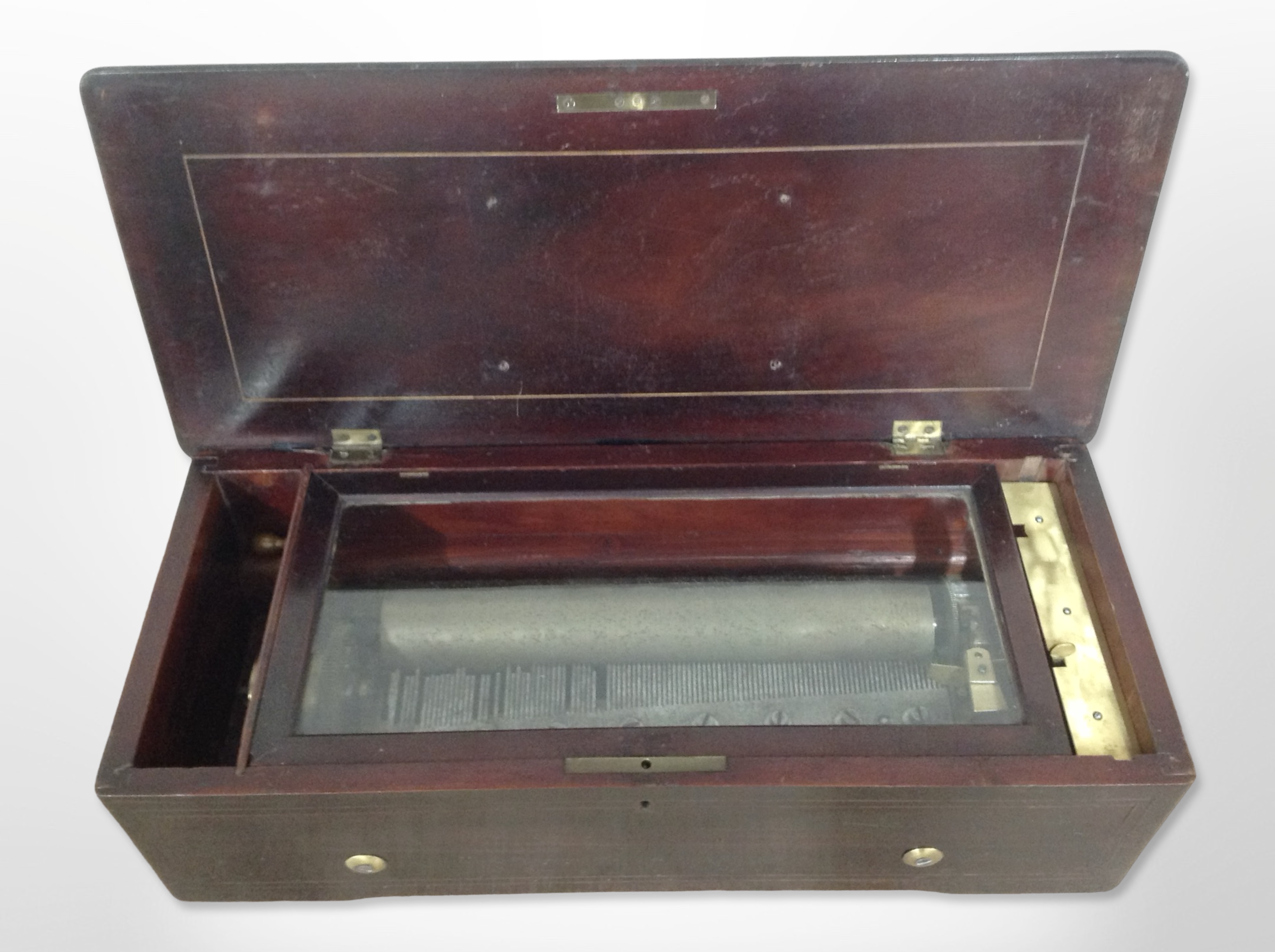 A 19th-century Swiss rosewood and satinwood strung cylinder music box, width 49cm. - Image 2 of 2