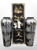 A Japanese lacquered and gilt rectangular panel depicting geisha, height 92cm,