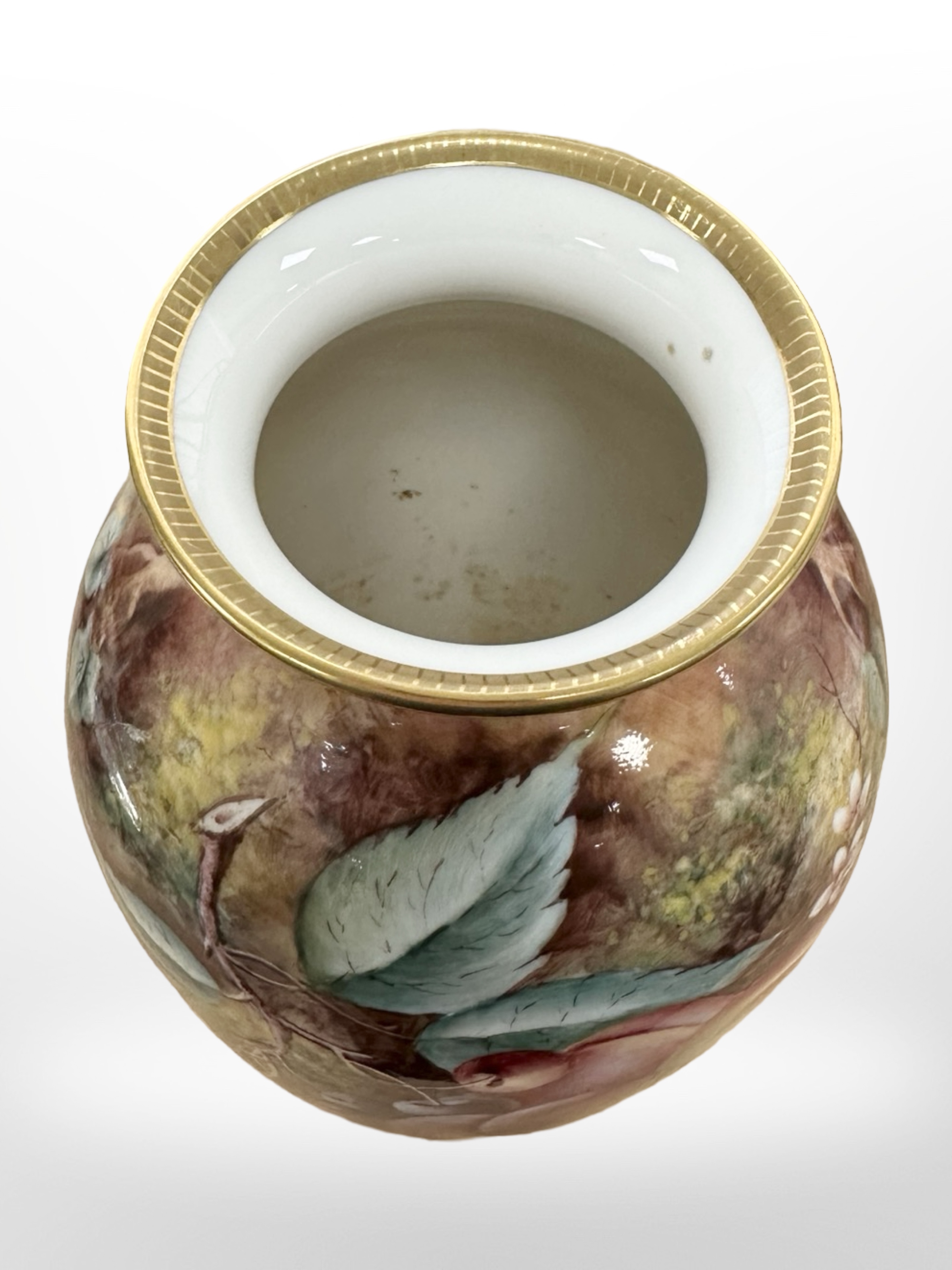 A Royal Worcester vase, hand painted with fruit, black mark to base, numbered 2160, signed T Nutt, - Image 4 of 5