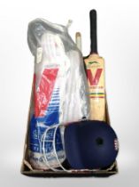 A collection of cricket equipment.